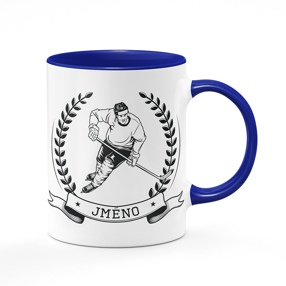 Keramický hrnek bílý s modrým lemem vnitřkem a uchem motiv Hokejista