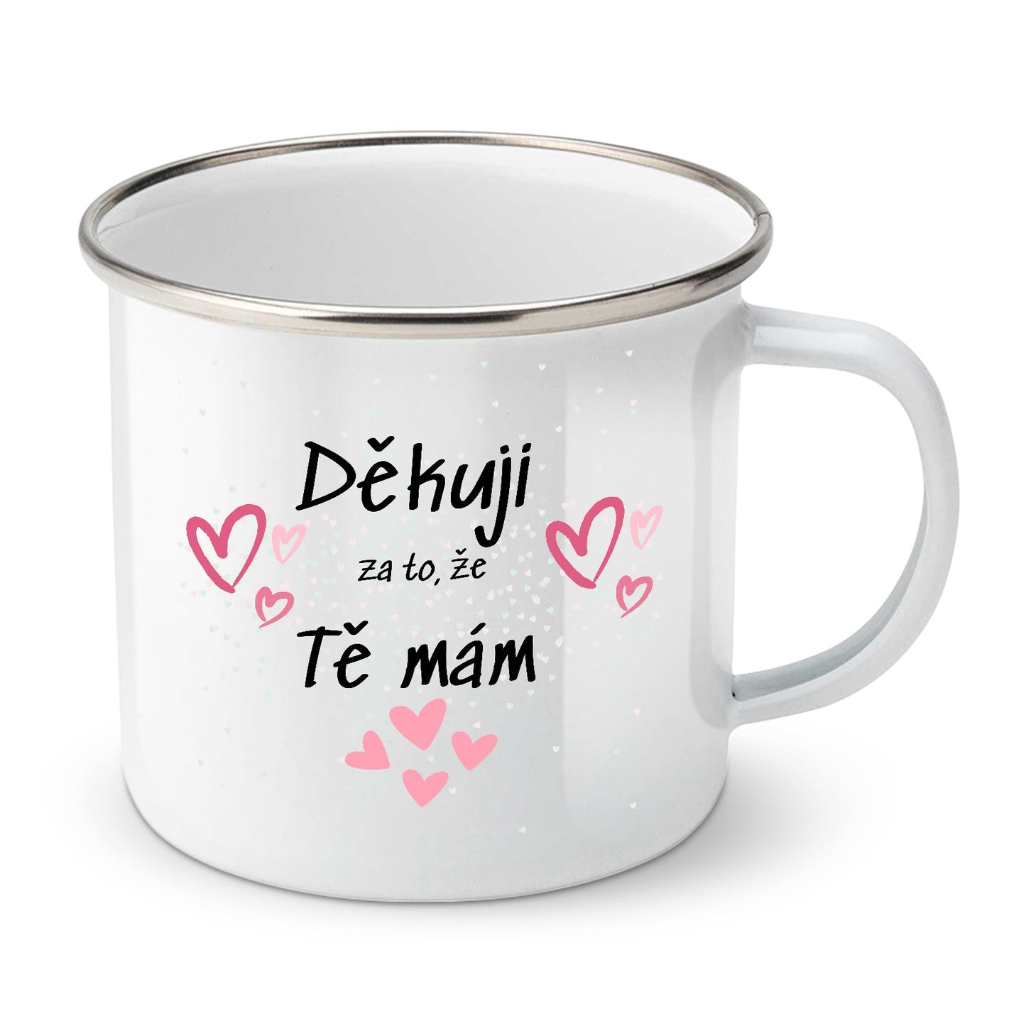 Bílý smaltovaný plechový hrnek motiv Děkuji za to, že Tě mám