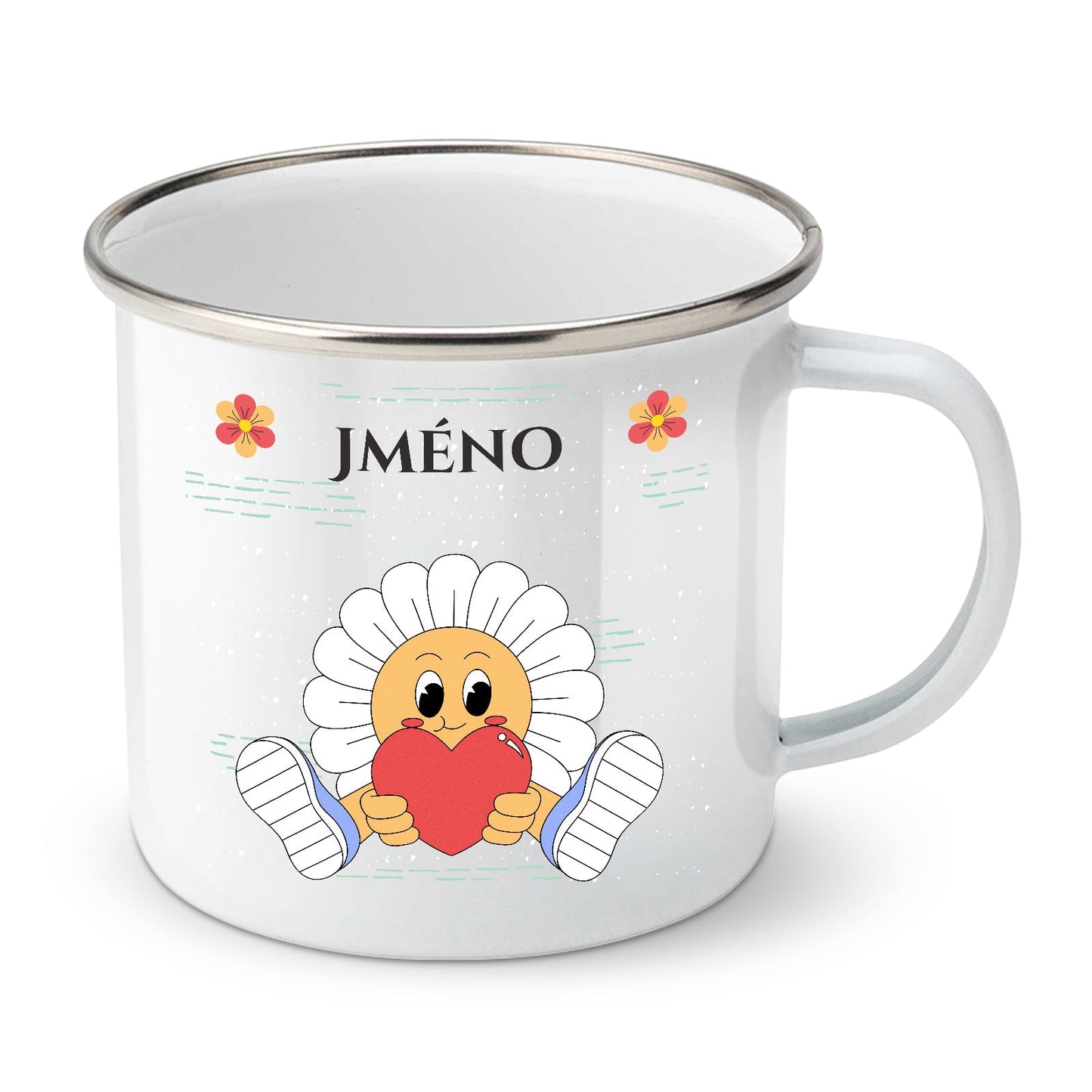 Bílý smaltovaný plechový hrnek motiv Květina