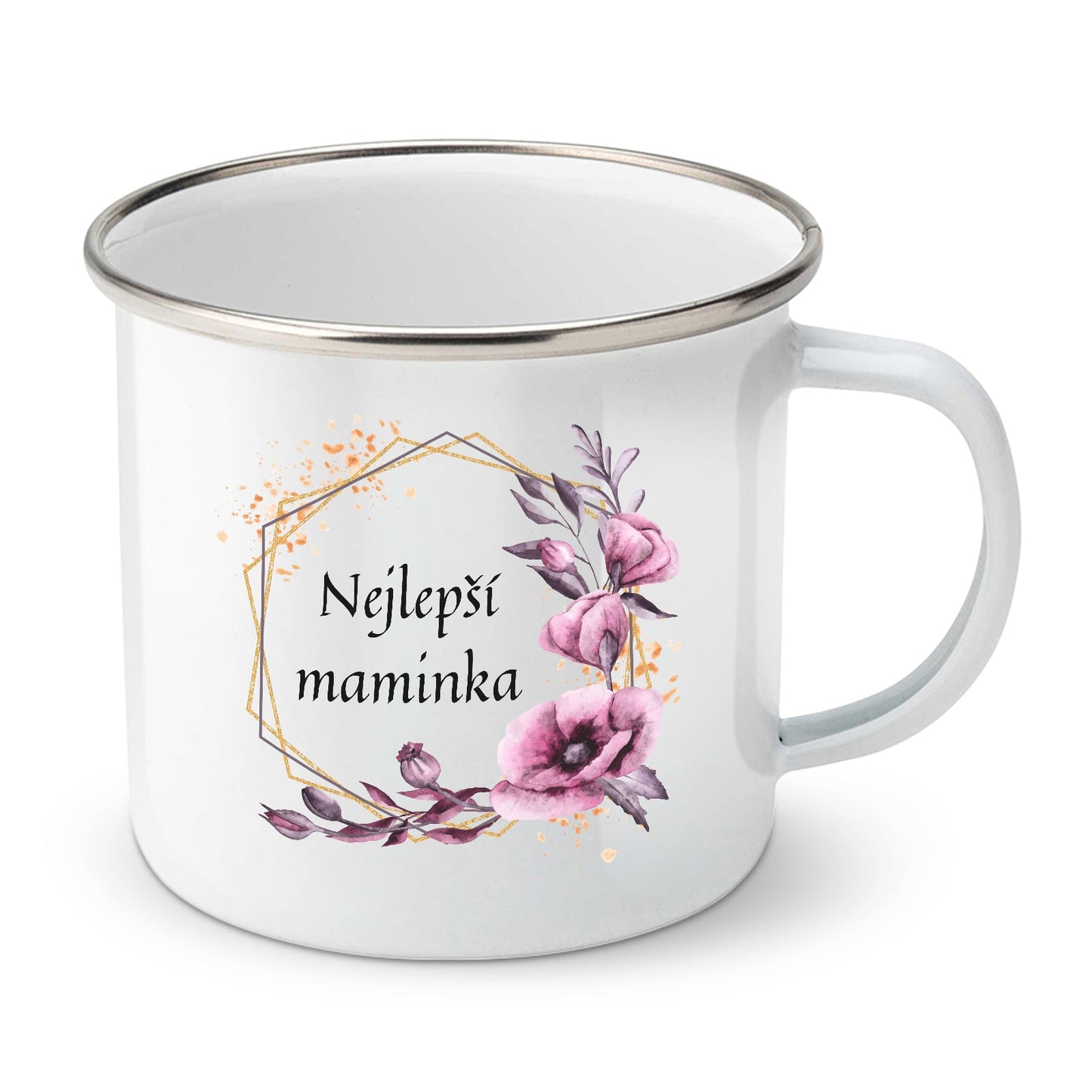Bílý smaltovaný plechový hrnek motiv Nejlepší maminka