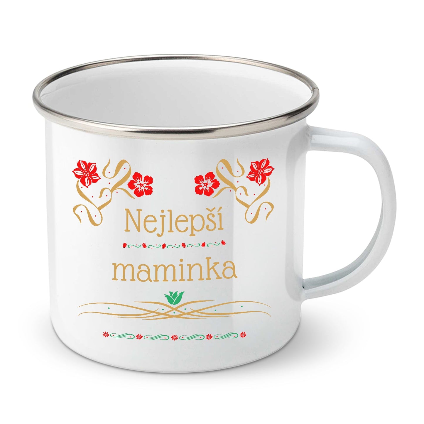 Bílý smaltovaný plechový hrnek motiv Nejlepší maminka