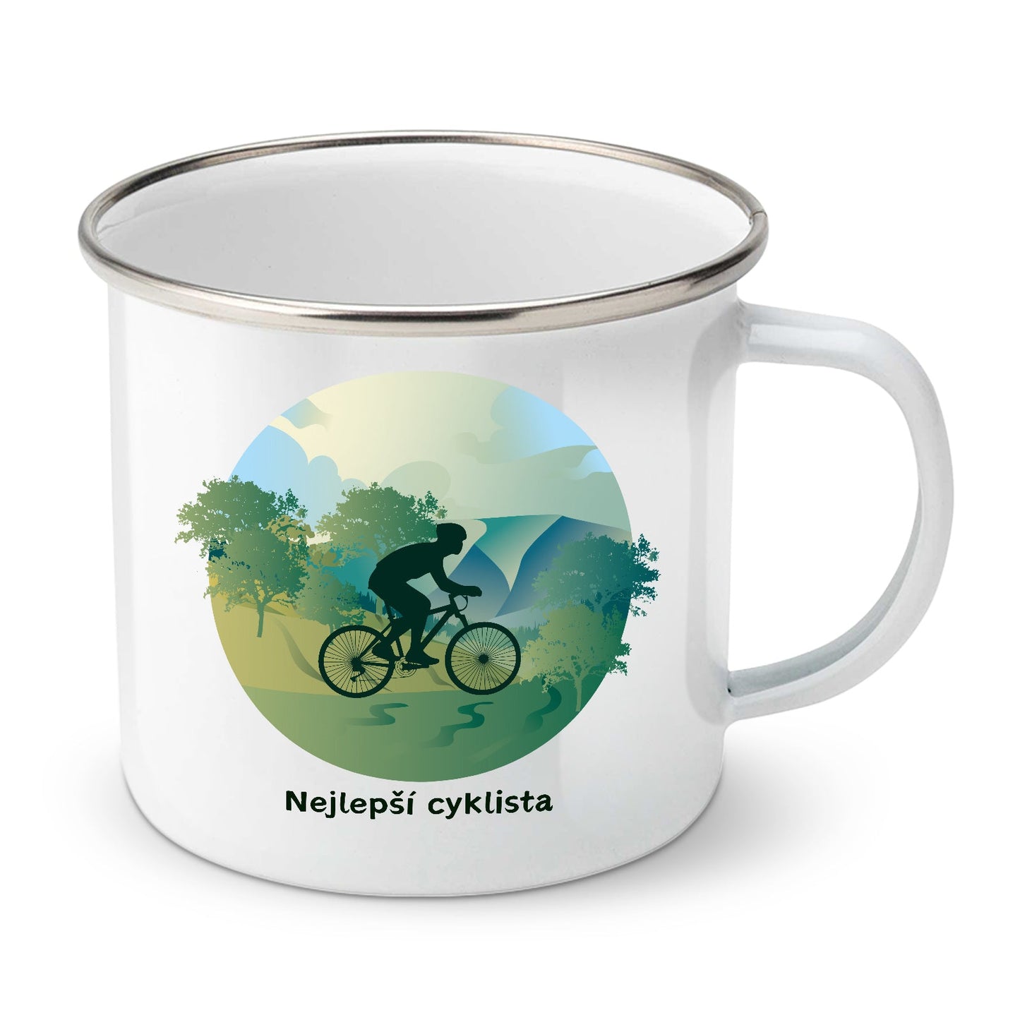 Bílý smaltovaný plechový hrnek motiv Nejlepší cyklista