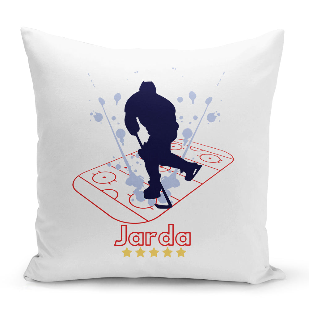 Bílý polštář s oboustranným potiskem a zipem motiv Hokejista