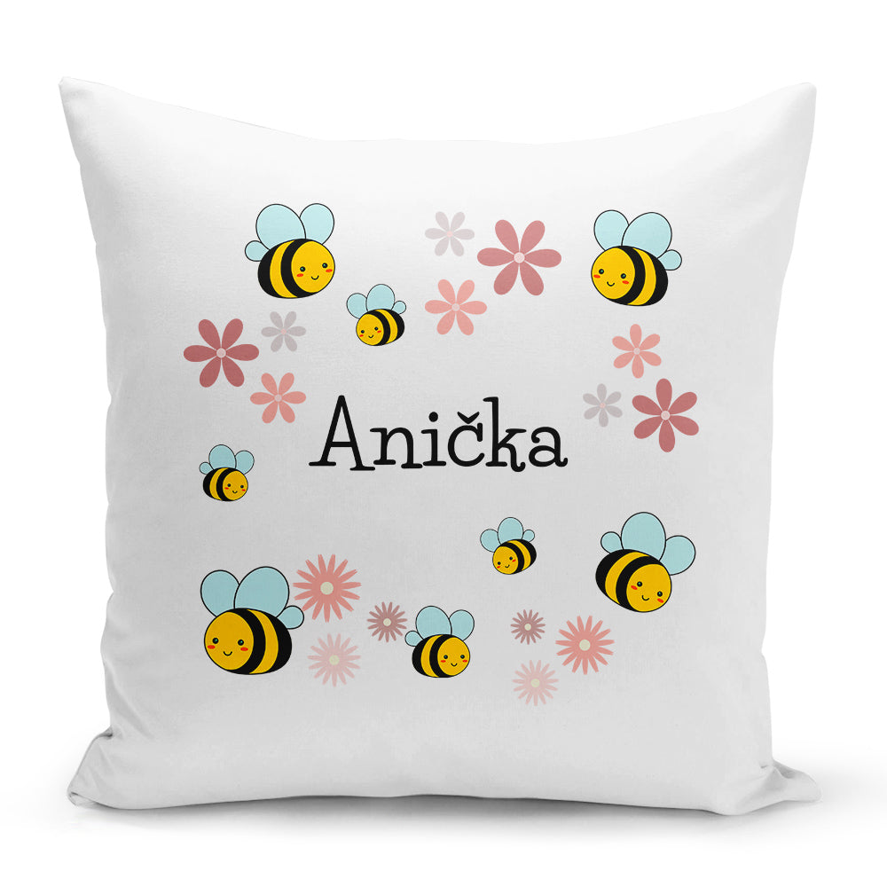 Bílý polštář s oboustranným potiskem a zipem motiv Včelky a kytičky