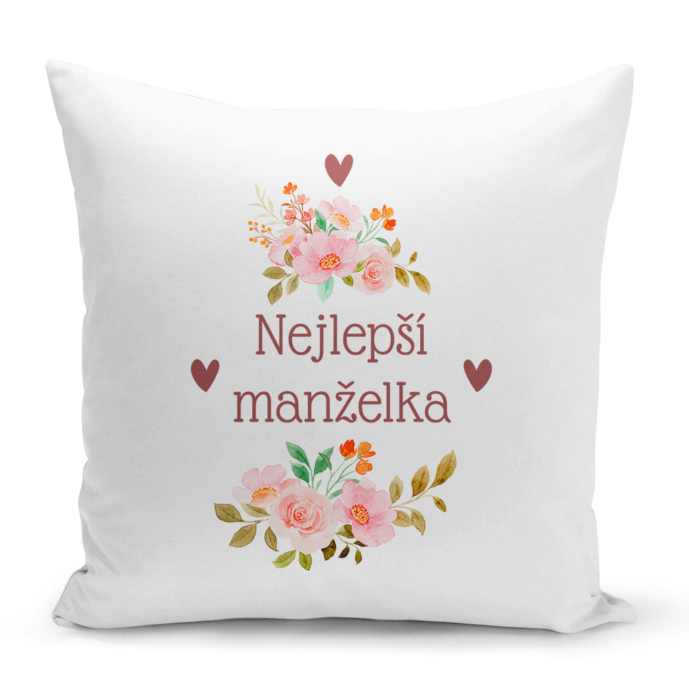 Bílý polštář s oboustranným potiskem a zipem motiv Nejlepší manželka