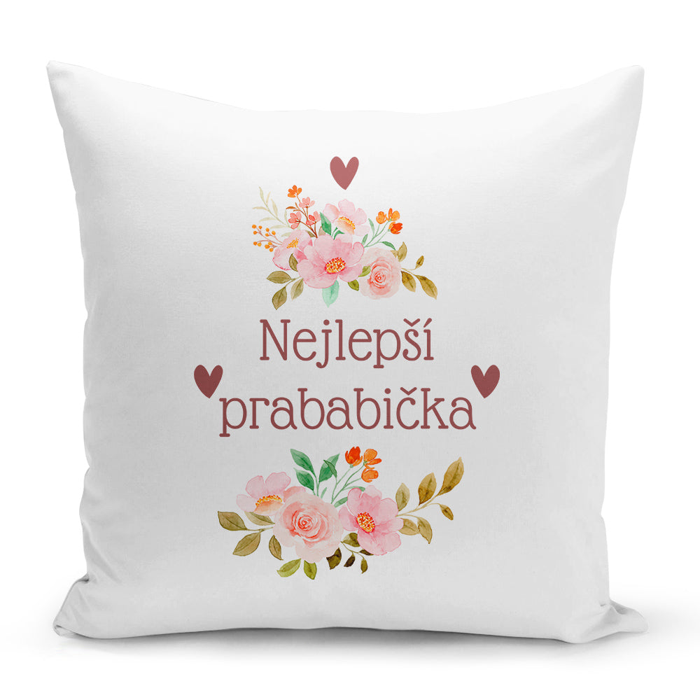 Bílý polštář s oboustranným potiskem a zipem motiv Nejlepší prababička