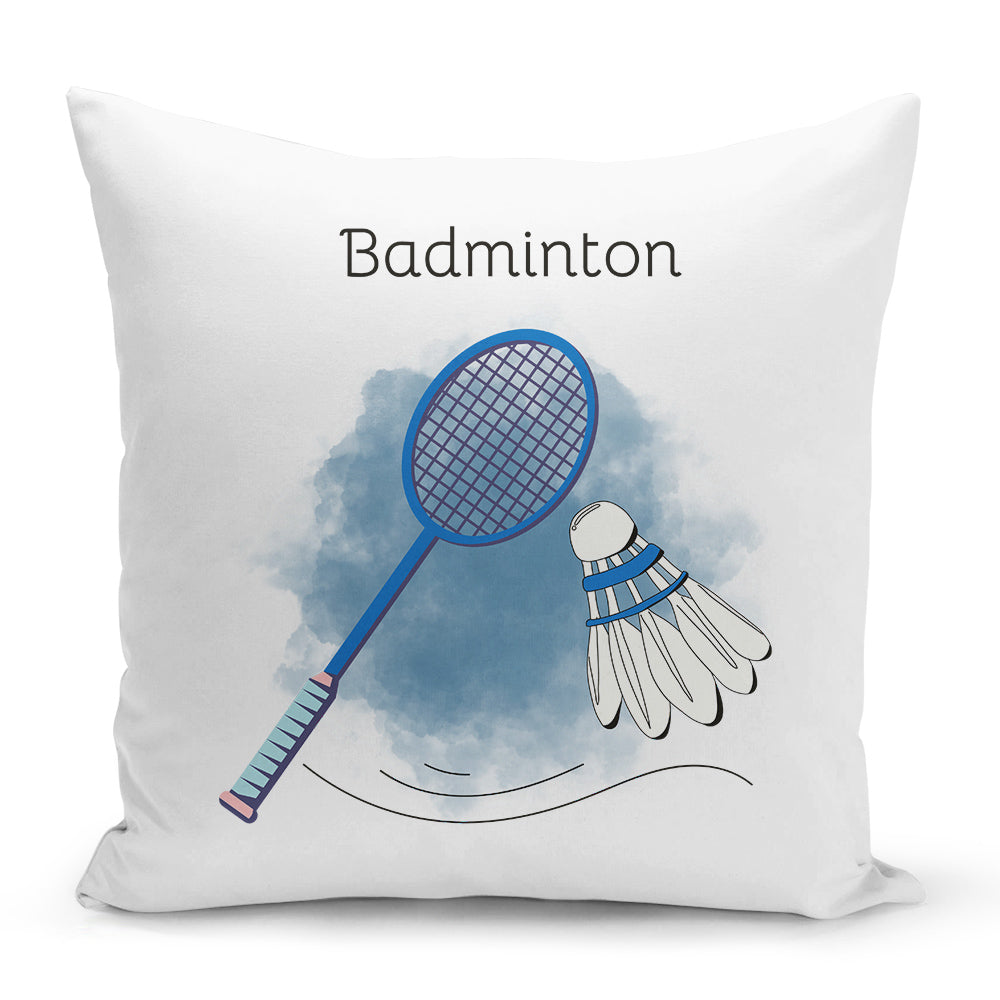 Bílý polštář s oboustranným potiskem a zipem motiv Badminton