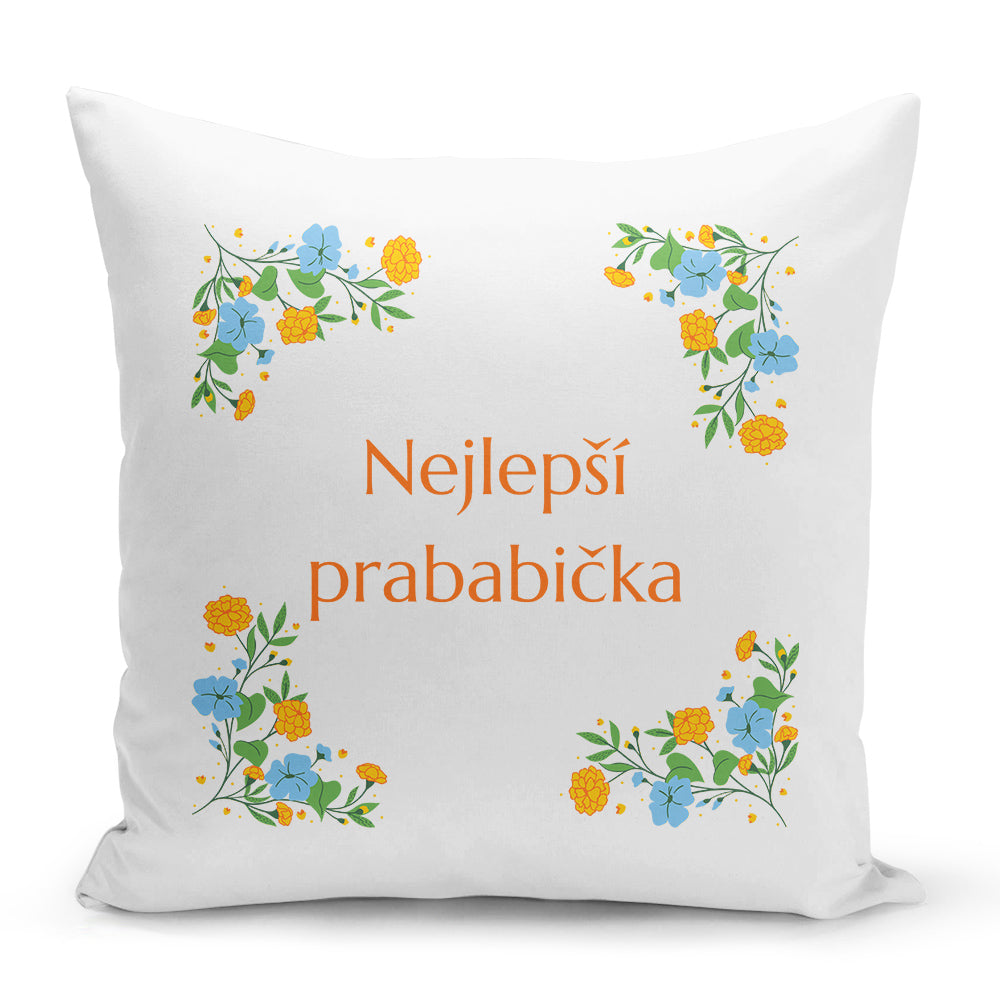 Bílý polštář s oboustranným potiskem a zipem motiv Nejlepší prababička