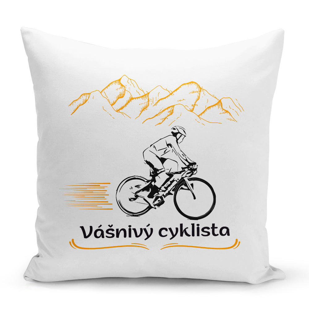 Bílý polštář s oboustranným potiskem a zipem motiv Vášnivý cyklista