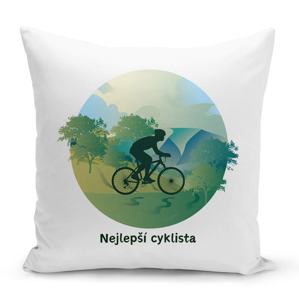 Bílý polštář s oboustranným potiskem a zipem motiv Nejlepší cyklista