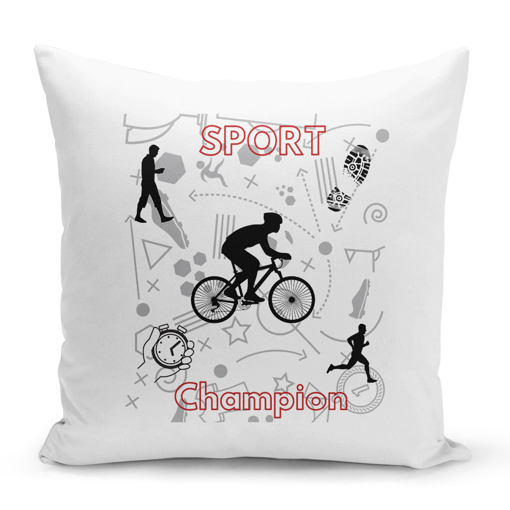 Bílý polštář s oboustranným potiskem a zipem motiv Sport