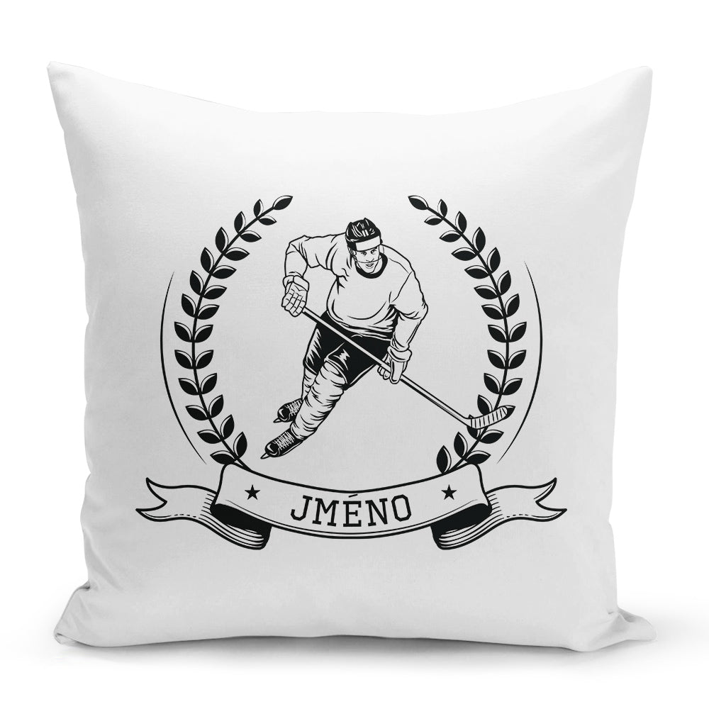 Bílý polštář s oboustranným potiskem a zipem motiv Hokejista