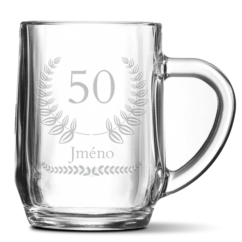 Skleněný pivní půllitr s gravírovaným motivemNarozeninový motiv