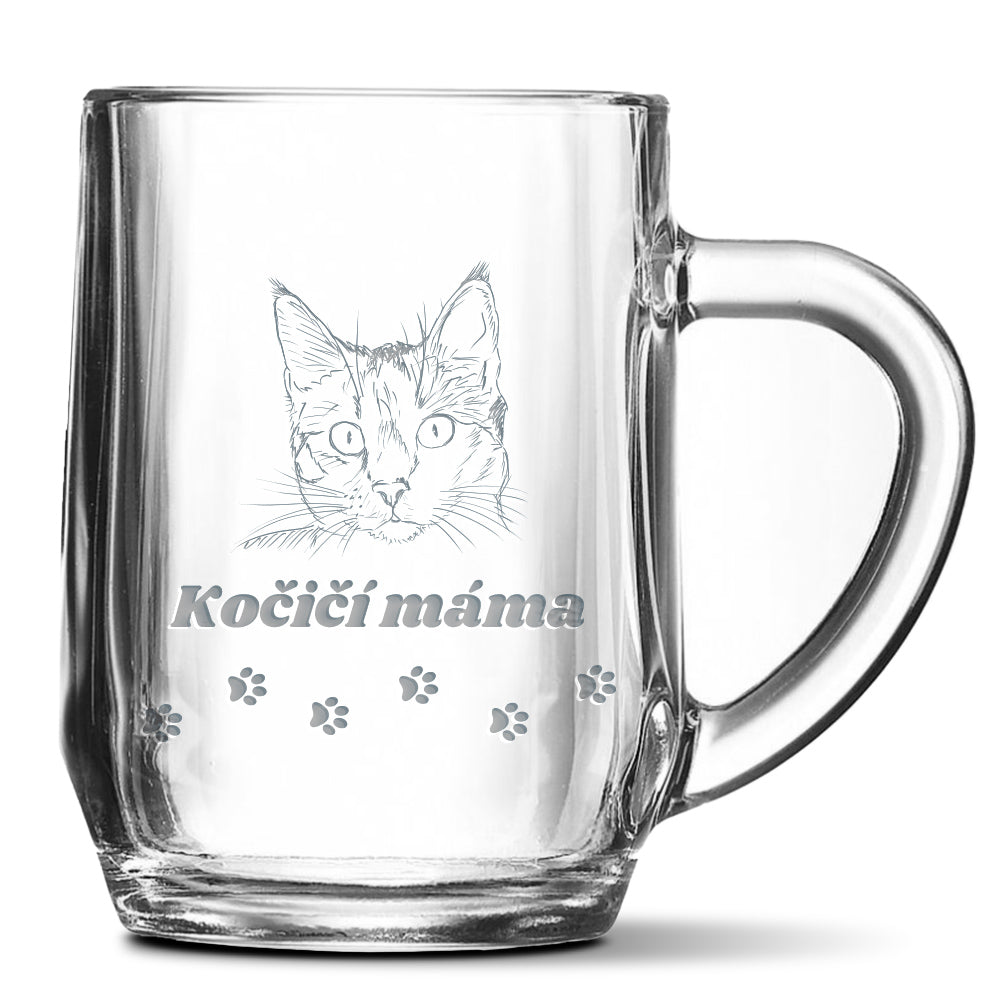 Skleněný pivní půllitr s gravírovaným motivem Kočičí máma