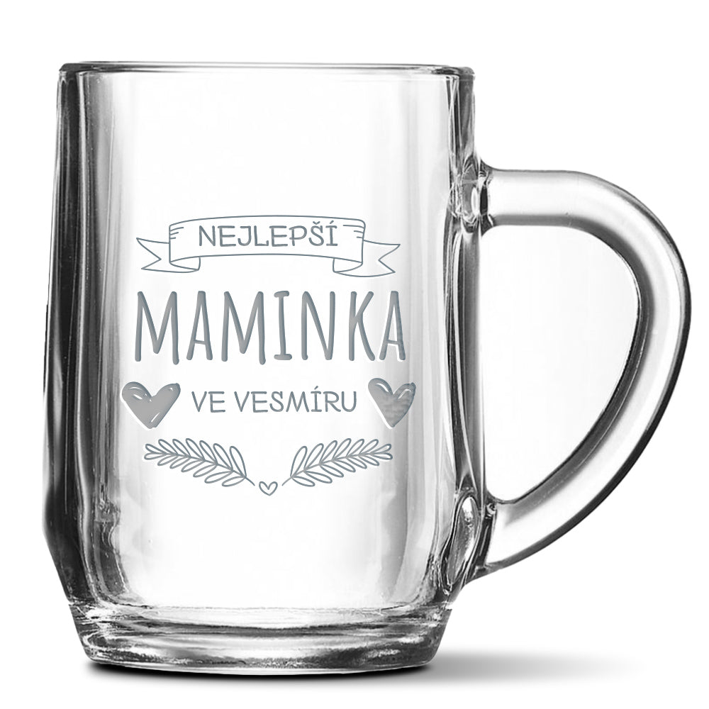 Skleněný pivní půllitr s gravírovaným motivem Nejlepší maminka ve vesmíru