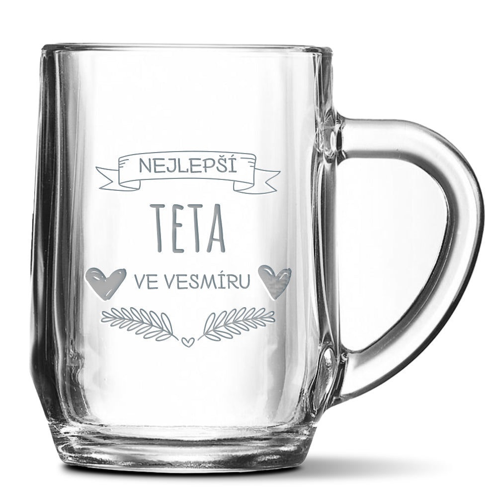 Skleněný pivní půllitr s gravírovaným motivem Nejlepší teta ve vesmíru