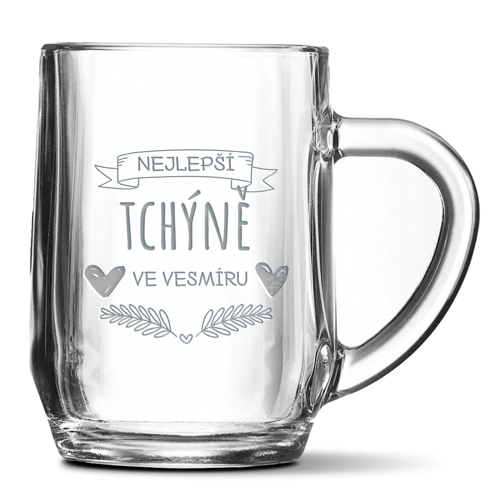 Skleněný pivní půllitr s gravírovaným motivem Nejlepší tchýně ve vesmíru