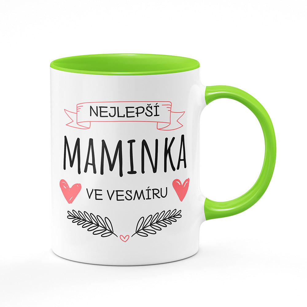 Keramický hrnek bílý s světle zeleným lemem vnitřkem a uchem motiv Nejlepší maminka ve vesmíru