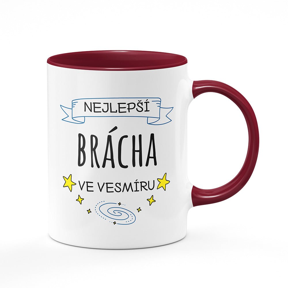 Keramický hrnek bílý s bordó vínovým lemem vnitřkem a uchem motiv Nejlepší brácha ve vesmíru