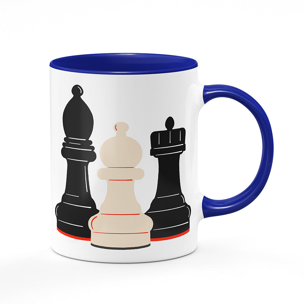 Keramický hrnek bílý s modrým lemem vnitřkem a uchem motiv Šachy