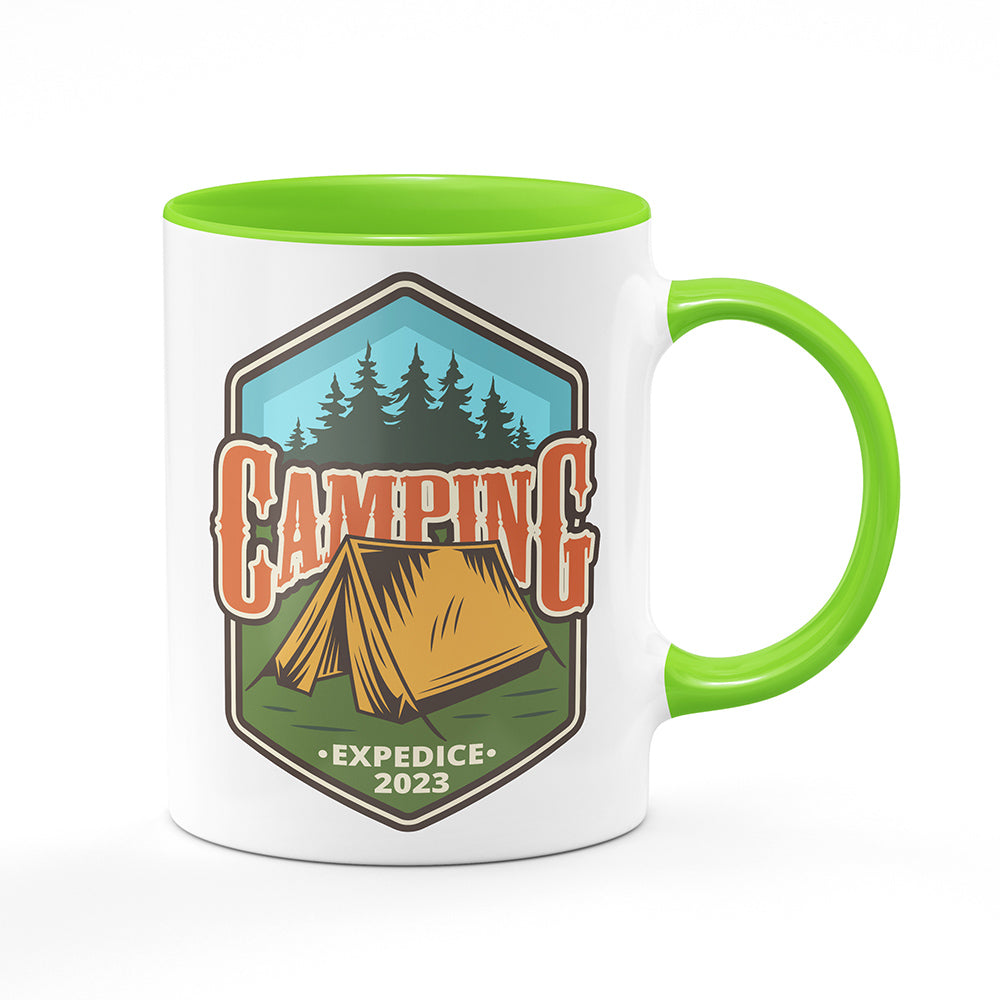 Keramický hrnek bílý s světle zeleným lemem vnitřkem a uchem motiv Camping