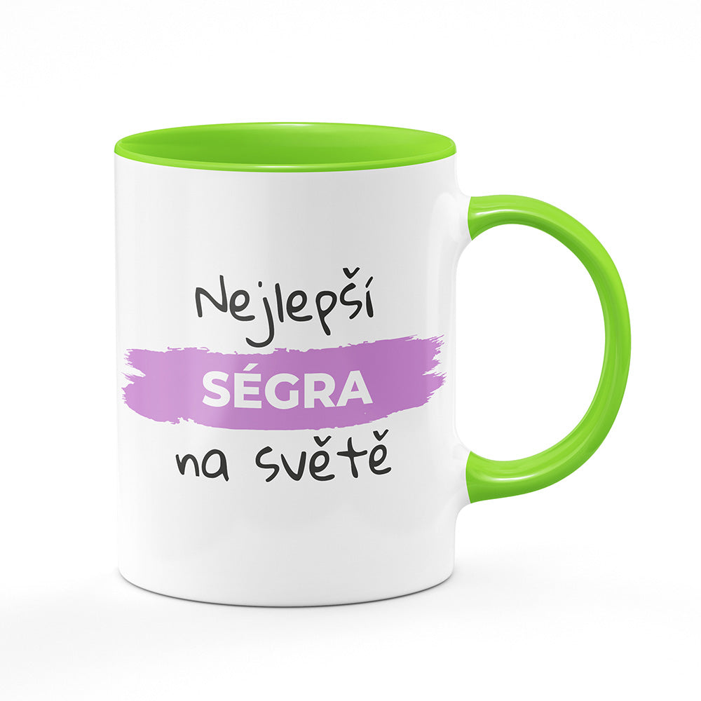 Keramický hrnek bílý s světle zeleným lemem vnitřkem a uchem motiv Nejlepší ségra na světě