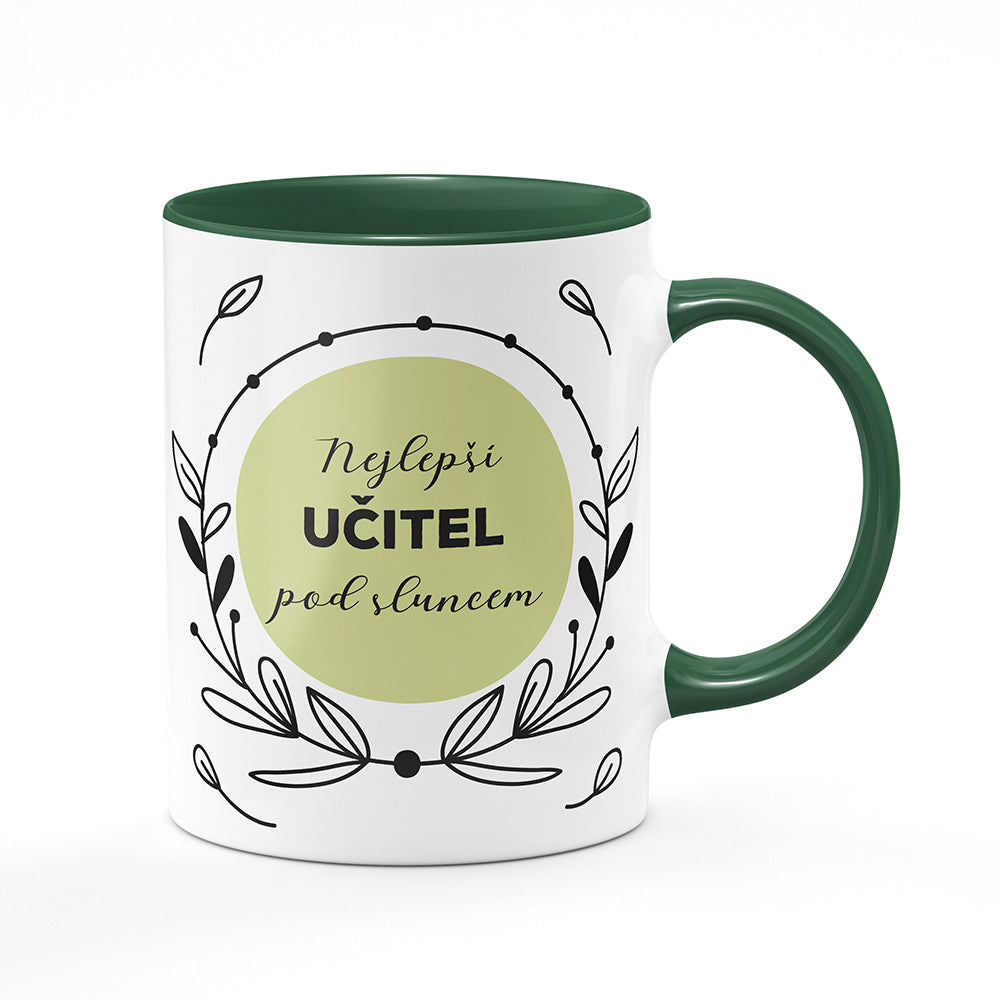 Keramický hrnek bílý s zeleným lemem vnitřkem a uchem motiv Nejlepší učitel pod sluncem