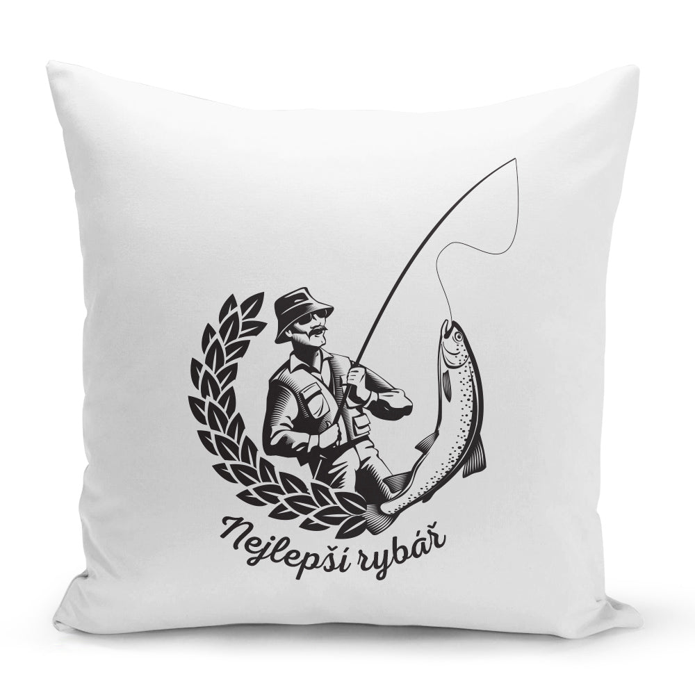 Bílý polštář 40 x 40 cm s motivem Nejlepší rybář