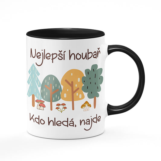 Keramický hrnek bílý s černým lemem vnitřkem a uchem motiv Nejlepší houbař