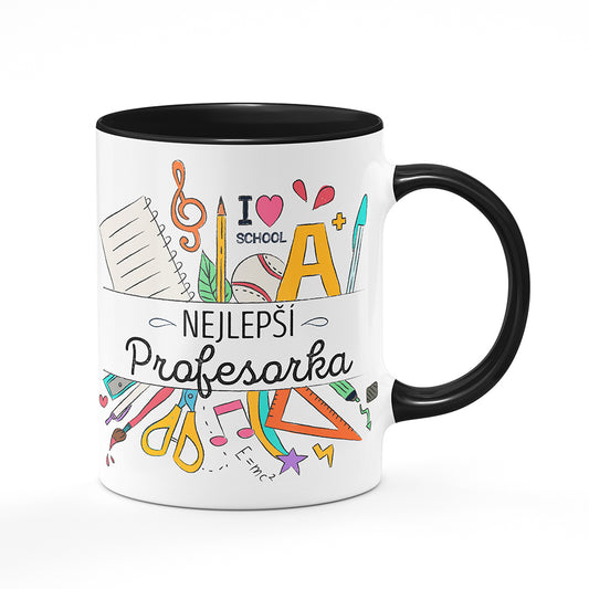 Keramický hrnek bílý s černým lemem vnitřkem a uchem motiv Nejlepší profesorka