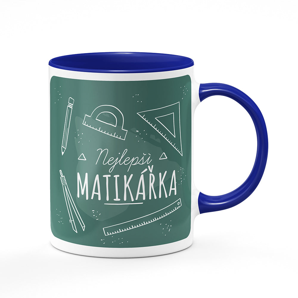 Keramický hrnek bílý s modrým lemem vnitřkem a uchem motiv Nejlepší matikářka