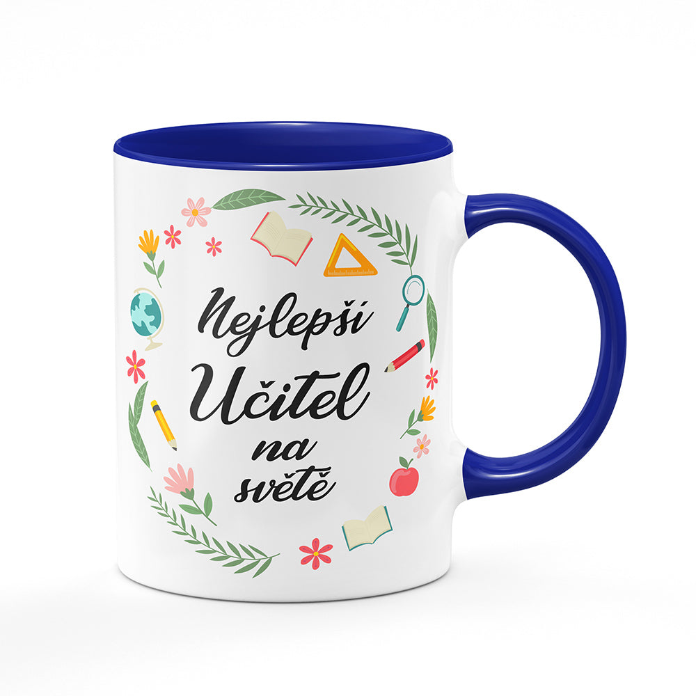 Keramický hrnek bílý s modrým lemem vnitřkem a uchem motiv Nejlepší učitel na světě