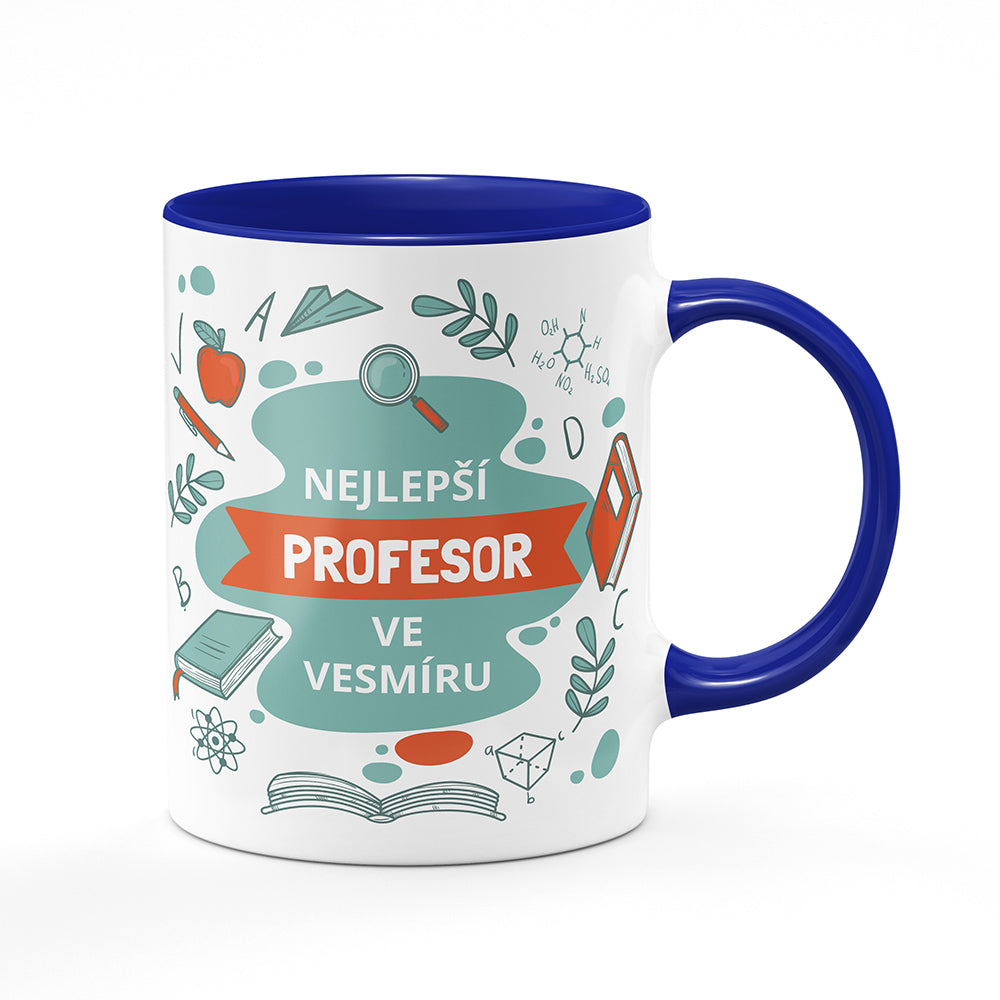 Keramický hrnek bílý s modrým lemem vnitřkem a uchem motiv Nejlepší profesor ve vesmíru