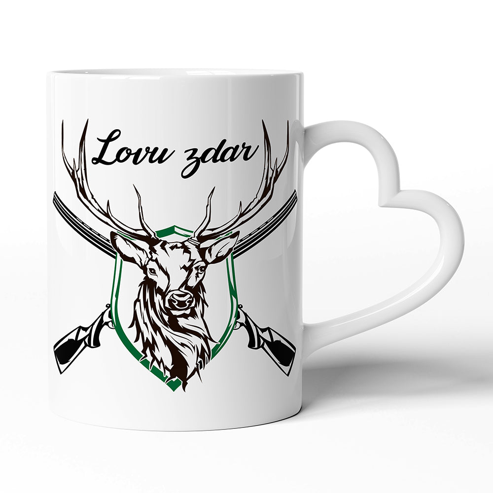 Keramický hrníček s uchem ve tvaru srdce motiv Lovu zdar