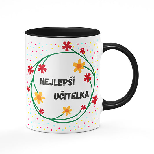 Keramický hrnek bílý s černým lemem vnitřkem a uchem motiv Nejlepší učitelka