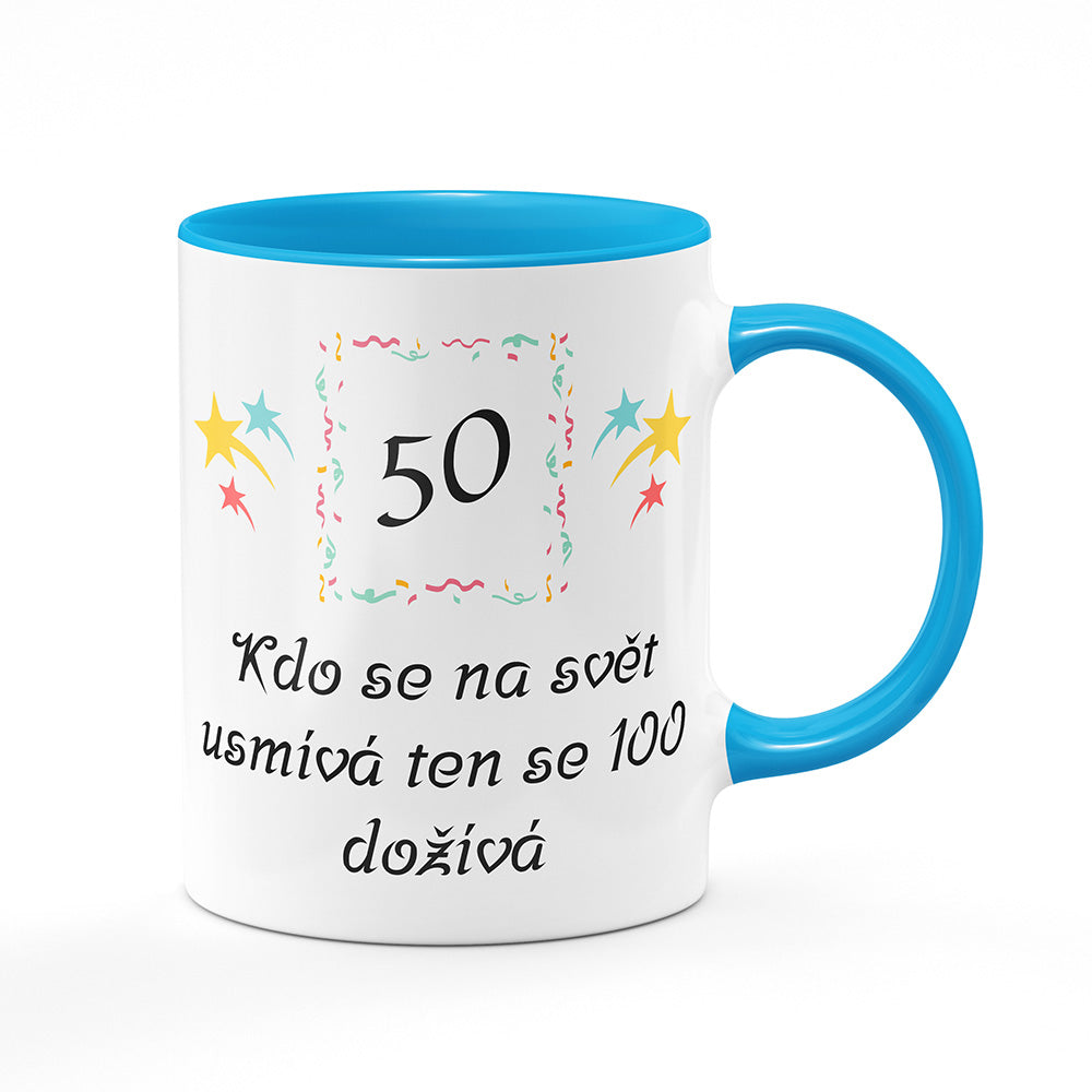 Keramický hrnek bílý s světle modrým lemem vnitřkem a uchem motiv Kdo se na svět usmívá…