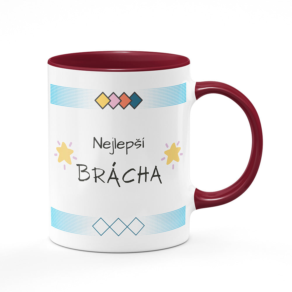 Keramický hrnek bílý s bordó vínovým lemem vnitřkem a uchem motiv Nejlepší brácha