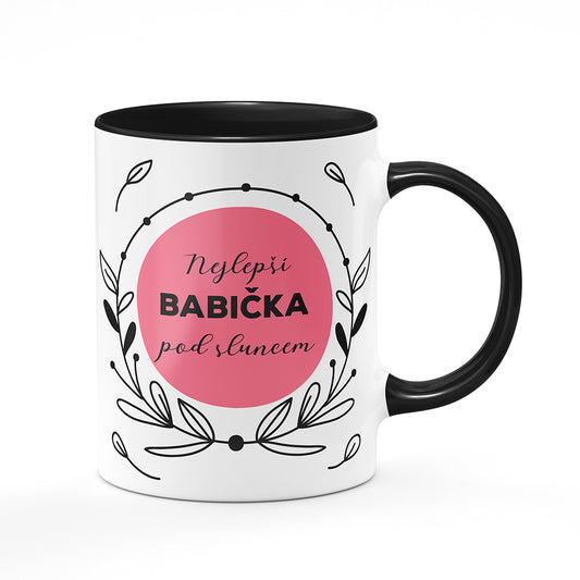 Keramický hrnek bílý s černým lemem vnitřkem a uchem motiv Nejlepší babička pod sluncem