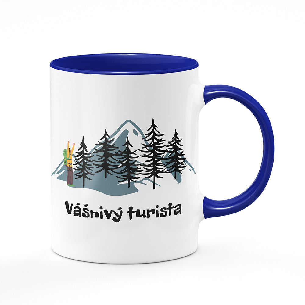 Keramický hrnek bílý s modrým lemem vnitřkem a uchem motiv Vášnivý turista
