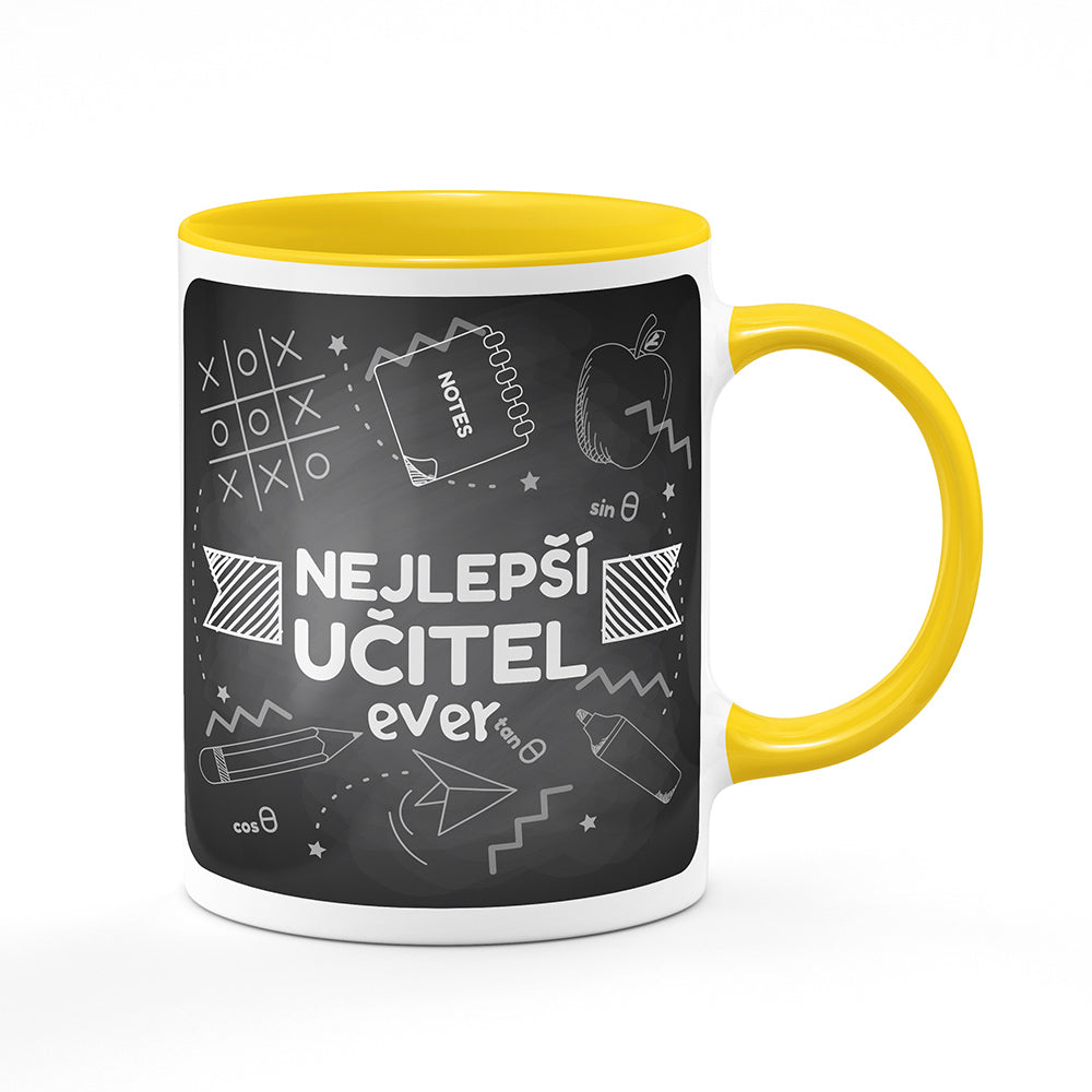 Keramický hrnek bílý s žlutým lemem vnitřkem a uchem motiv Nejlepší učitel ever