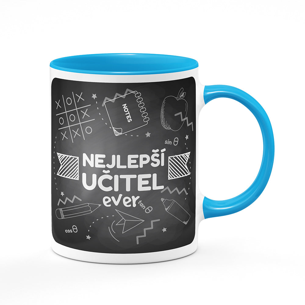 Keramický hrnek bílý s světle modrým lemem vnitřkem a uchem motiv Nejlepší učitel ever