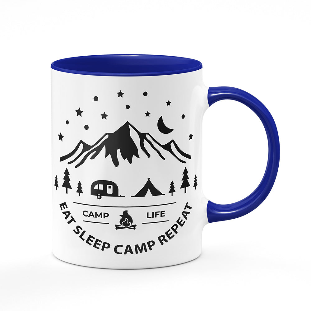 Keramický hrnek bílý s modrým lemem vnitřkem a uchem motiv Eat Sleep Camp Repeat