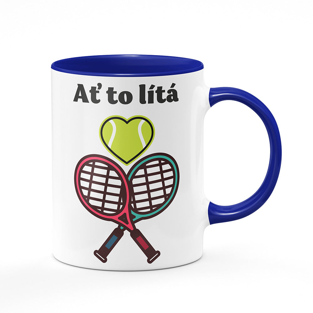 Keramický hrnek bílý s modrým lemem vnitřkem a uchem motiv Tenis