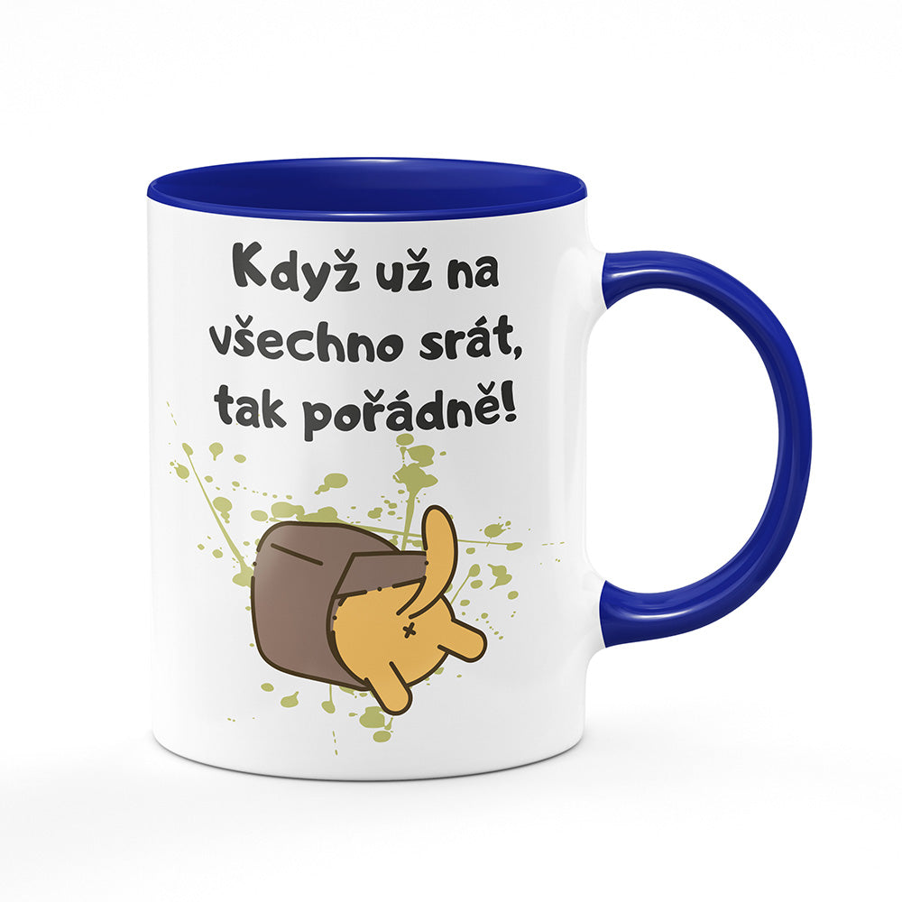 Keramický hrnek bílý s modrým lemem vnitřkem a uchem motiv Když už na všechno…