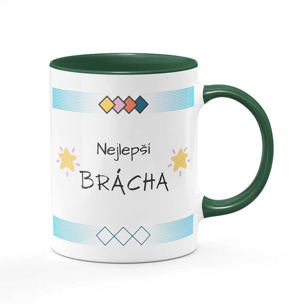 Keramický hrnek bílý s zeleným lemem vnitřkem a uchem motiv Nejlepší brácha