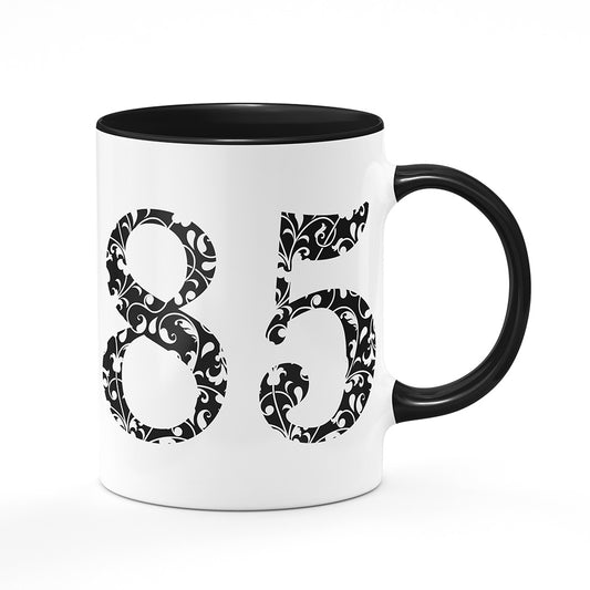 Keramický hrnek bílý s černým lemem vnitřkem a uchem motiv Věk 85