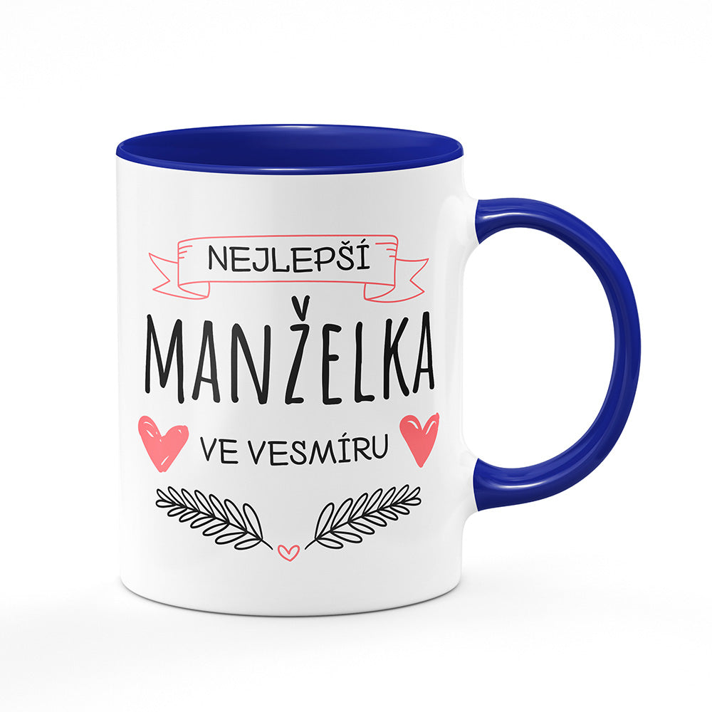 Keramický hrnek bílý s modrým lemem vnitřkem a uchem motiv Nejlepší manželka ve vesmíru