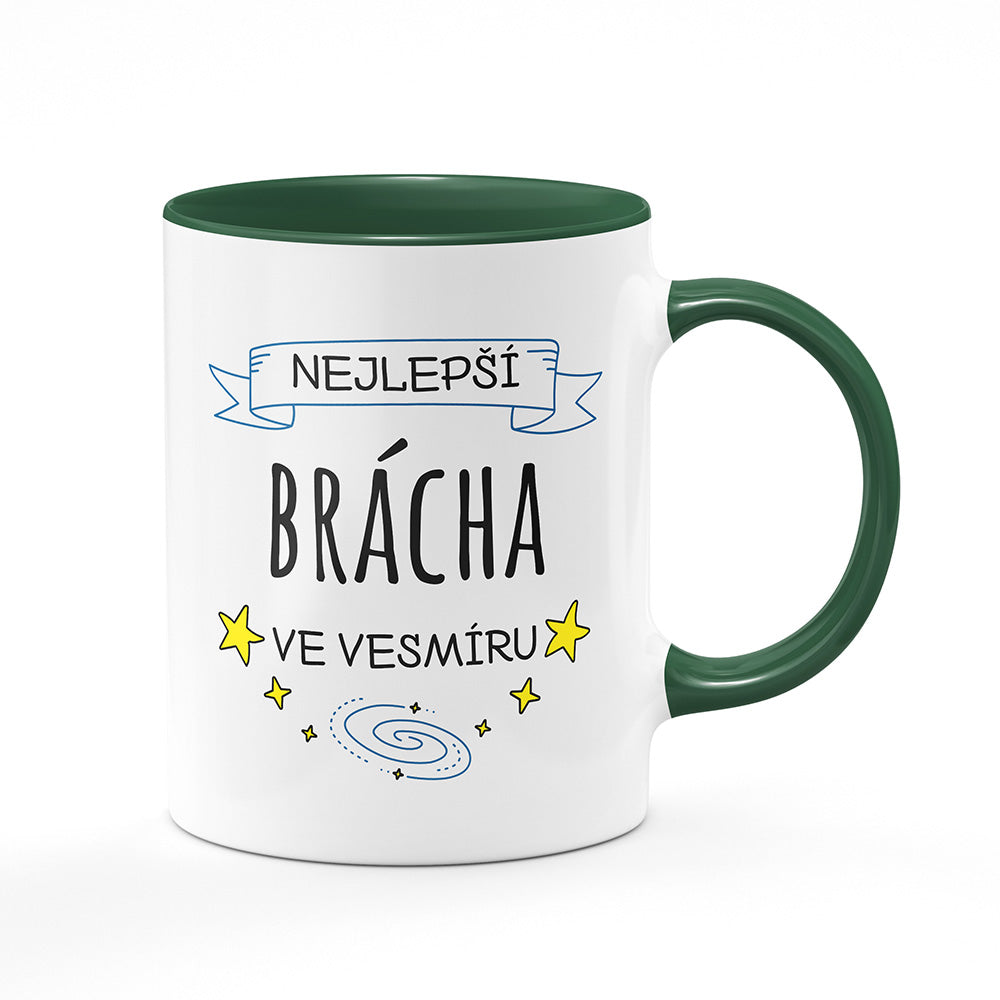 Keramický hrnek bílý s zeleným lemem vnitřkem a uchem motiv Nejlepší brácha ve vesmíru