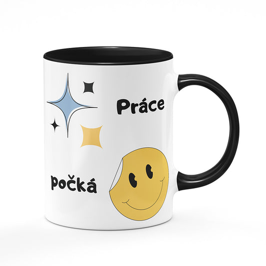 Keramický hrnek bílý s černým lemem vnitřkem a uchem motiv Práce počká