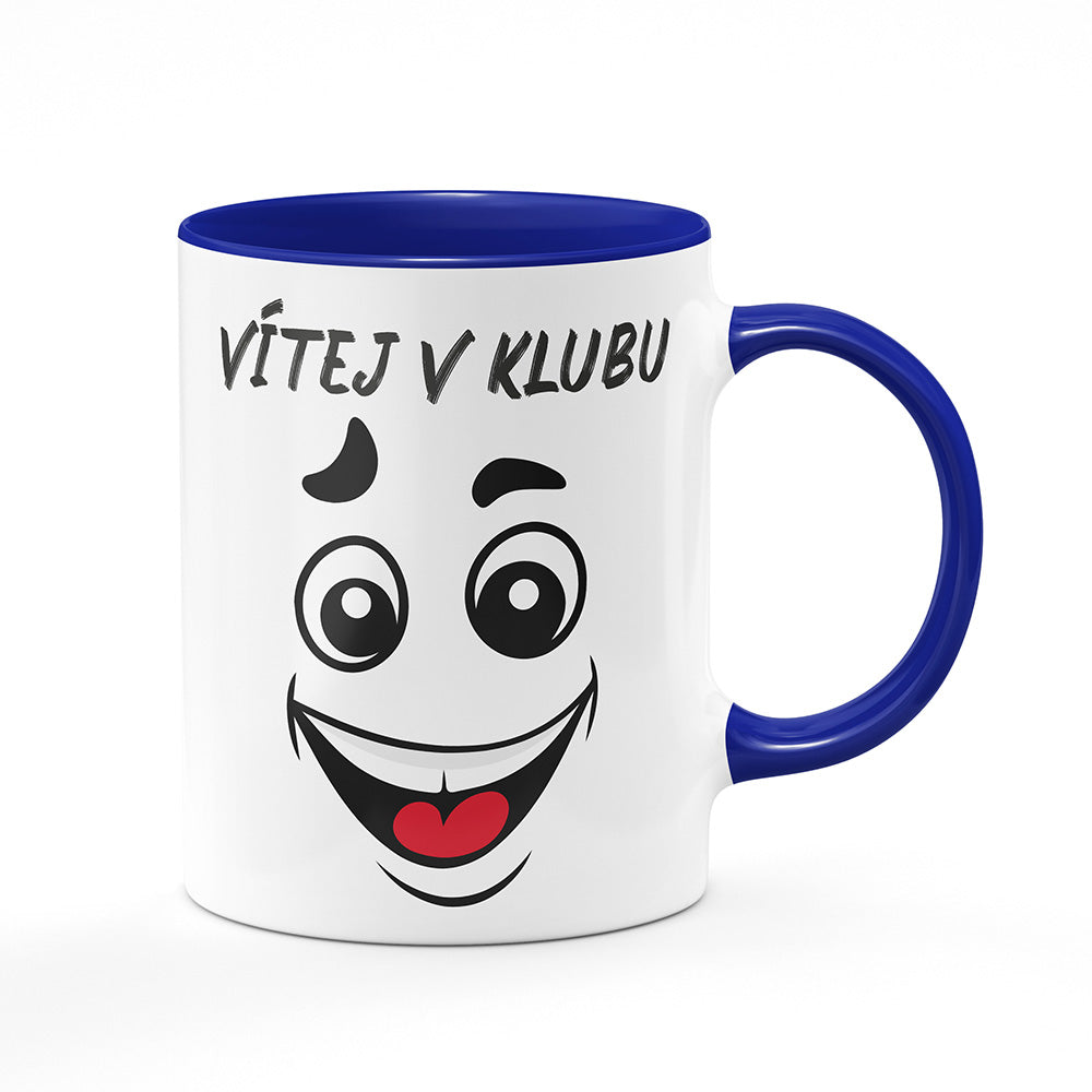 Keramický hrnek bílý s modrým lemem vnitřkem a uchem motiv Vítej v klubu